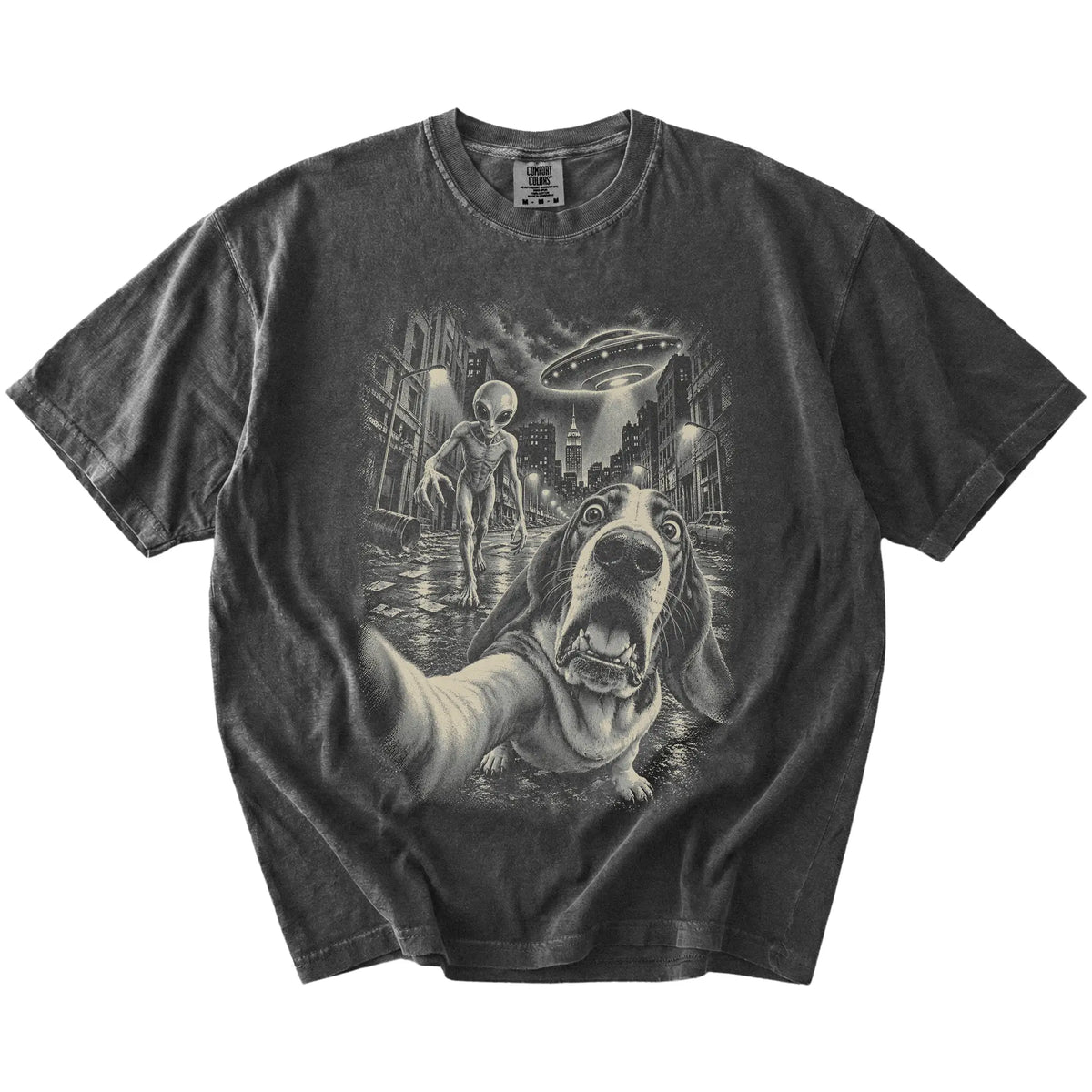 Basset Hound Alien Selfie Comfort Colors T-Shirt in Pepper, flat view
