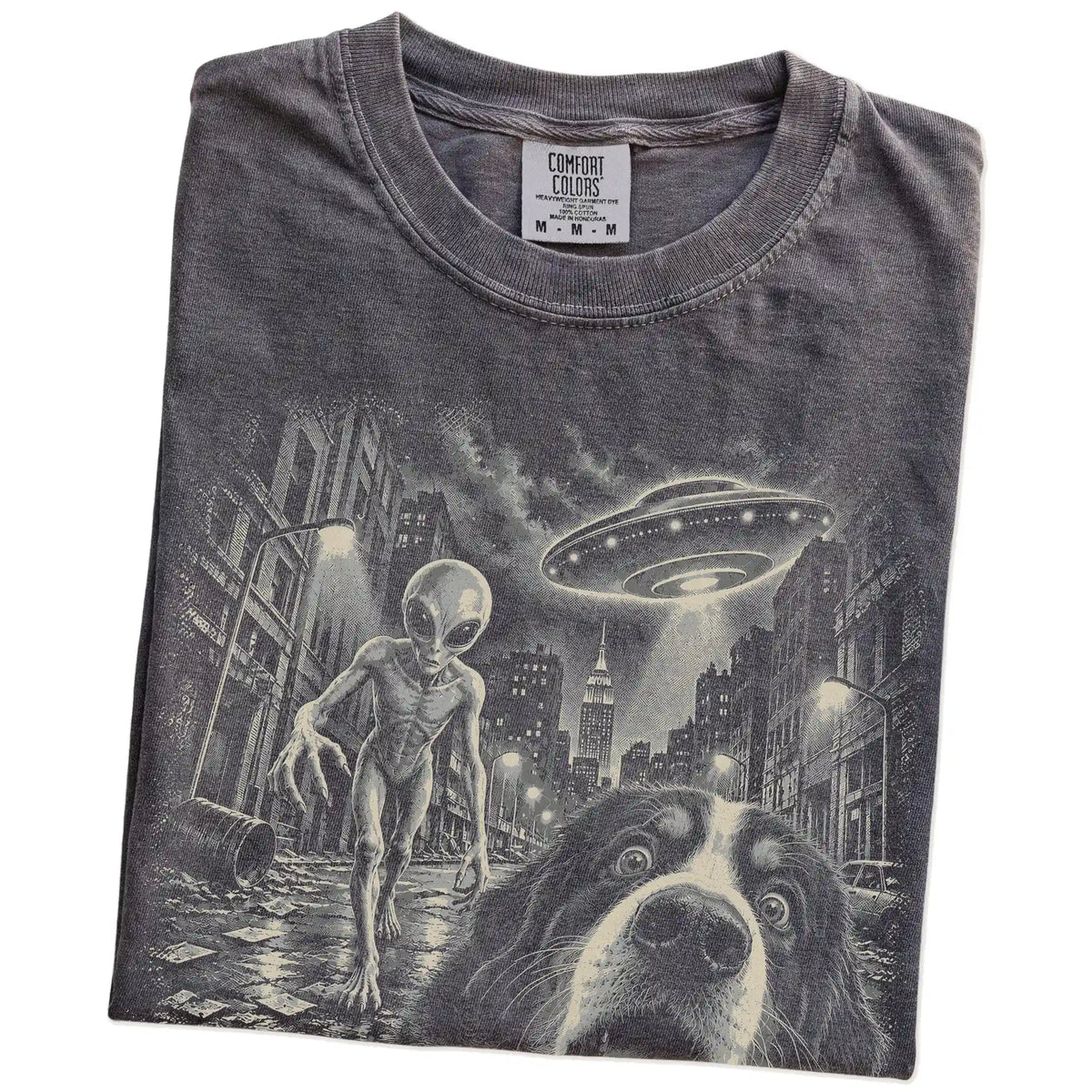 Bernese Mountain Dog Alien Selfie Comfort Colors T-Shirt in Pepper, folded view