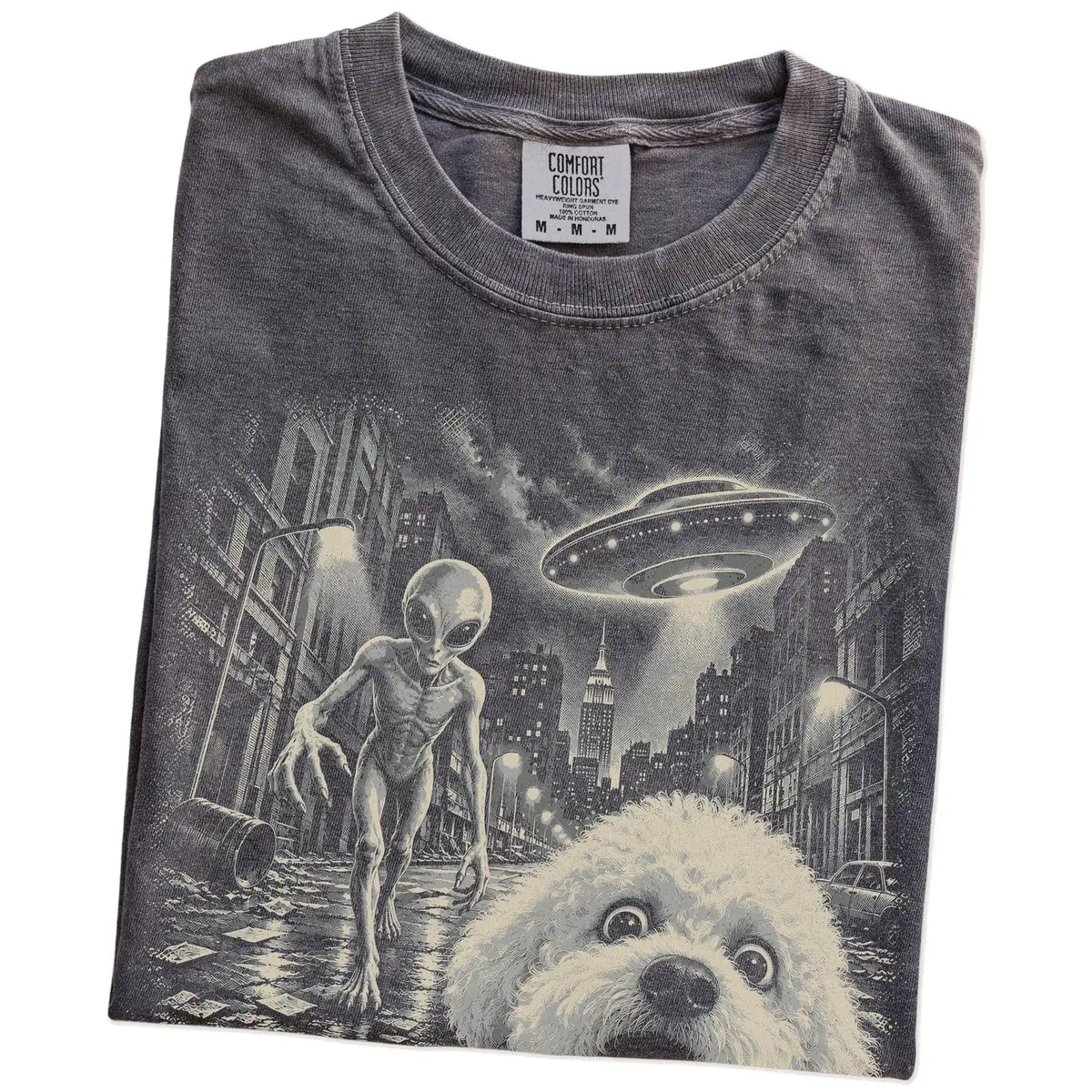 Bichon Frise Alien Selfie Comfort Colors T-Shirt in Pepper, folded view