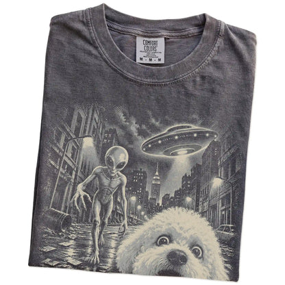 Bichon Frise Alien Selfie Comfort Colors T-Shirt in Pepper, folded view