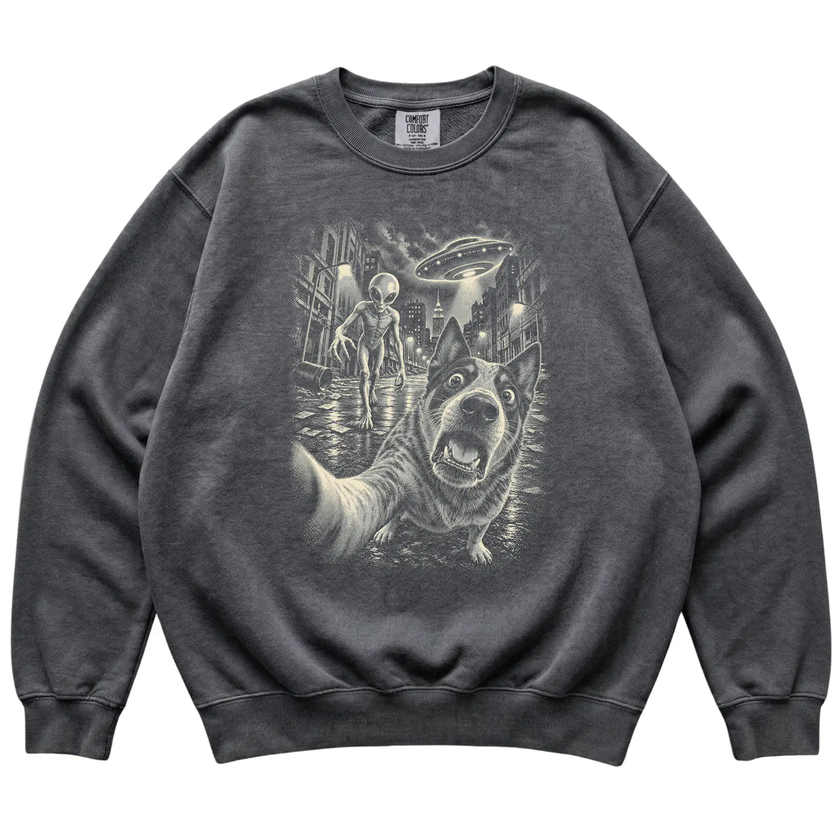 Blue Heeler Alien Selfie Comfort Colors Sweatshirt in Pepper, flat view