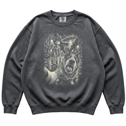 Blue Heeler Alien Selfie Comfort Colors Sweatshirt in Pepper, flat view