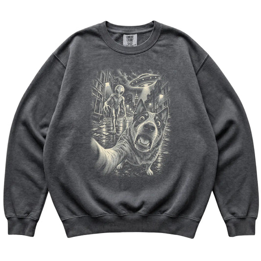 Blue Heeler Alien Selfie Comfort Colors Sweatshirt in Pepper, flat view