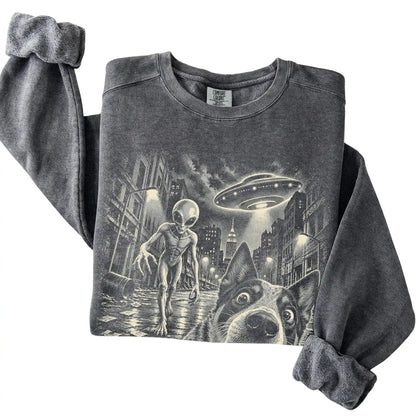 Blue Heeler Alien Selfie Comfort Colors Sweatshirt in Pepper, folded view