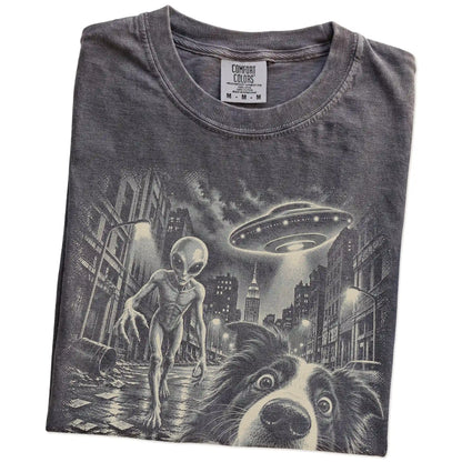 Border Collie Alien Selfie Comfort Colors T-Shirt in Pepper, folded view