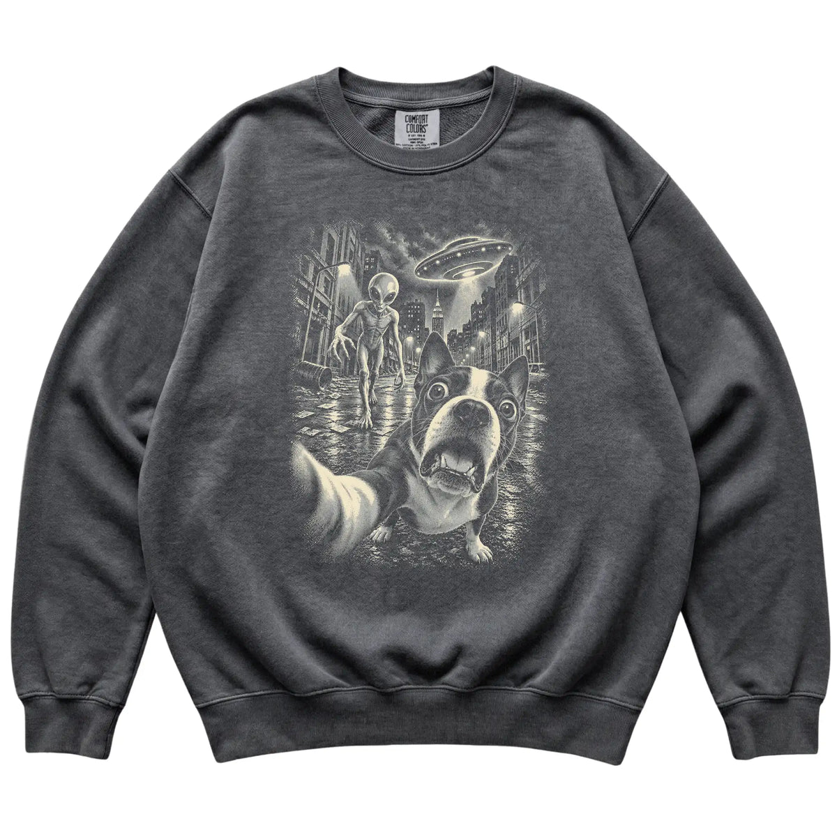 Boston Terrier Alien Selfie Comfort Colors Sweatshirt in Pepper, flat view