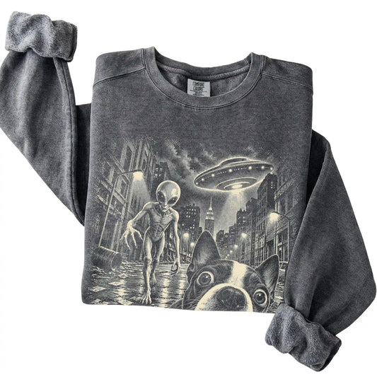 Boston Terrier Alien Selfie Comfort Colors Sweatshirt in Pepper, folded view