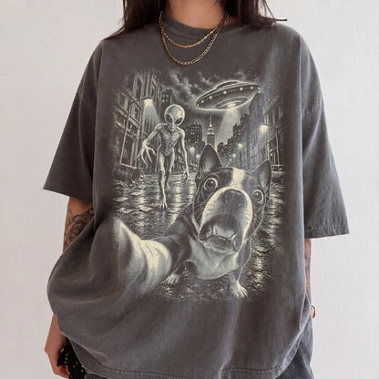 Boston Terrier Alien Selfie Comfort Colors T-Shirt in Pepper, modeled view