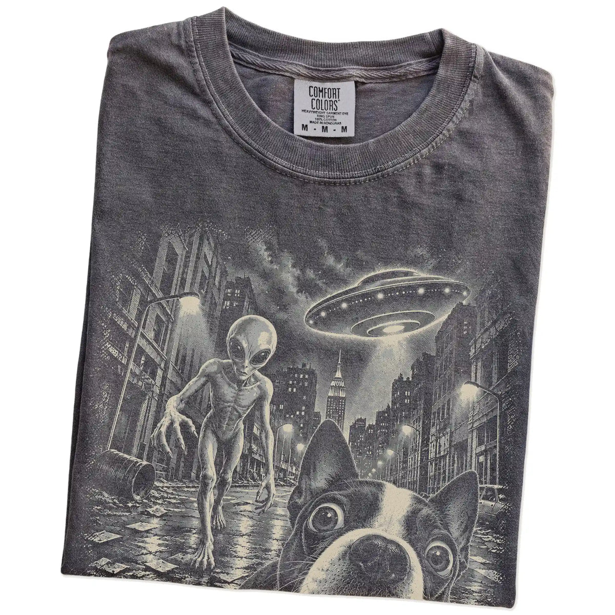 Boston Terrier Alien Selfie Comfort Colors T-Shirt in Pepper, folded view