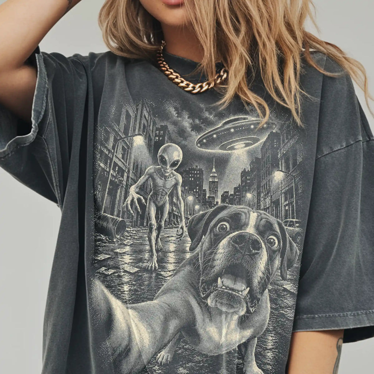 Boxer Alien Selfie Comfort Colors T-Shirt in Pepper, modeled view