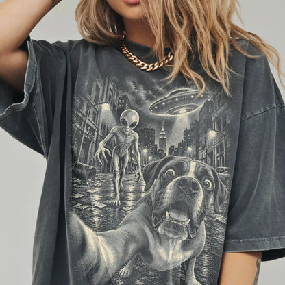 Boxer Alien Selfie Comfort Colors T-Shirt in Pepper, modeled view