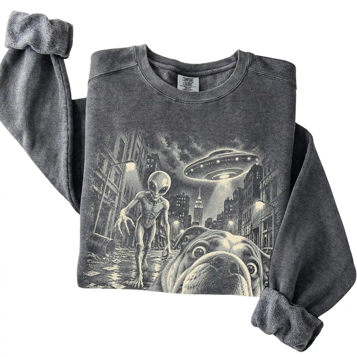 English Bulldog Alien Selfie Comfort Colors Sweatshirt in Pepper, folded view
