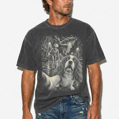 Cavalier King Charles Spaniel Alien Selfie Comfort Colors T-Shirt in Pepper, modeled view