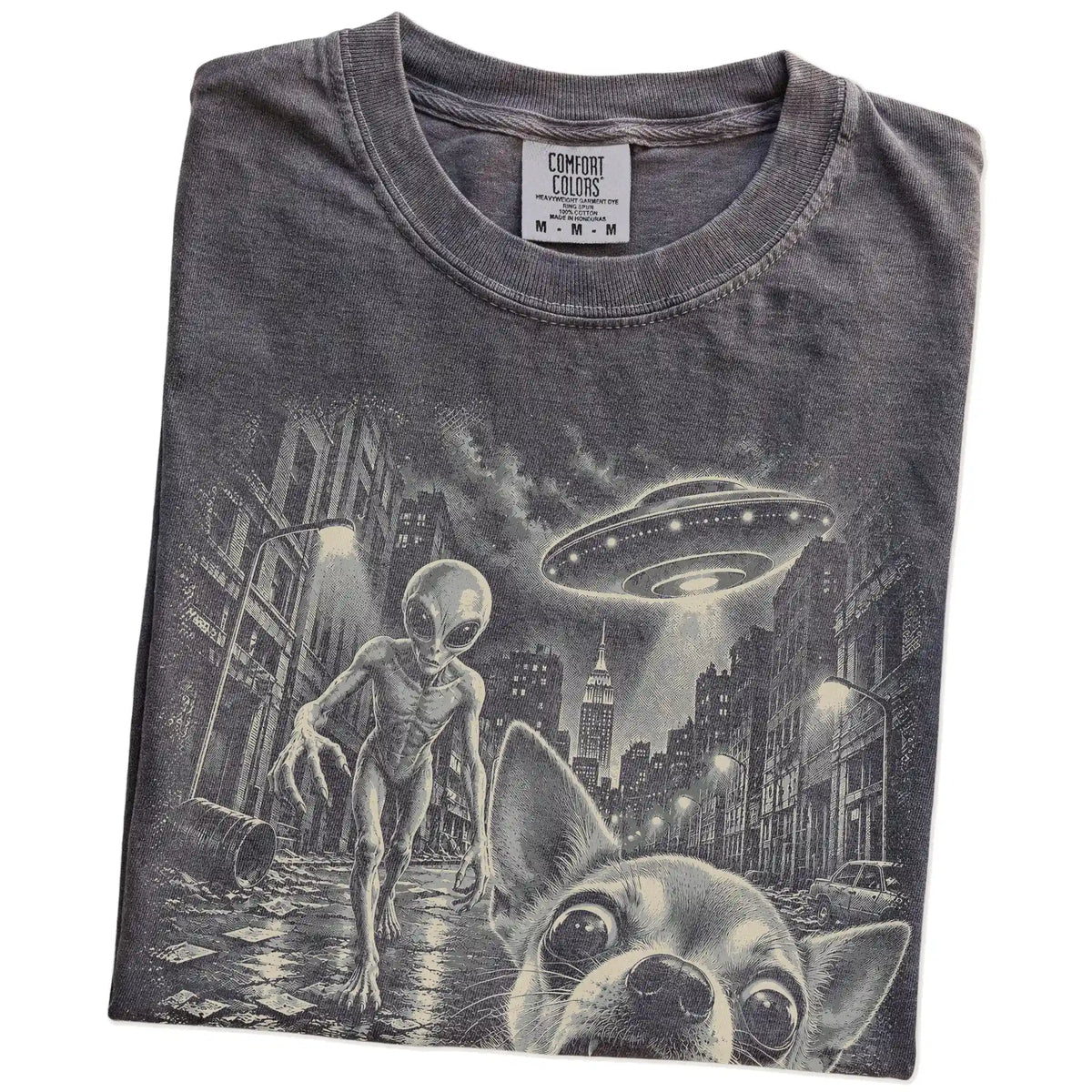 Chihuahua Alien Selfie Comfort Colors T-Shirt in Pepper, folded view