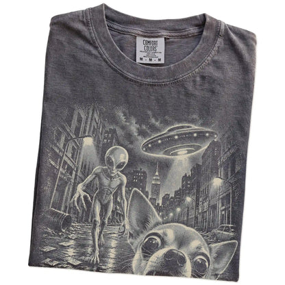 Chihuahua Alien Selfie Comfort Colors T-Shirt in Pepper, folded view