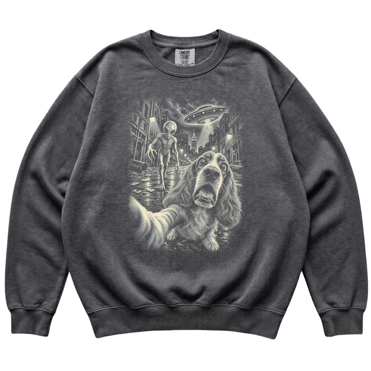 Cocker Spaniel Alien Selfie Comfort Colors Sweatshirt in Pepper, flat view