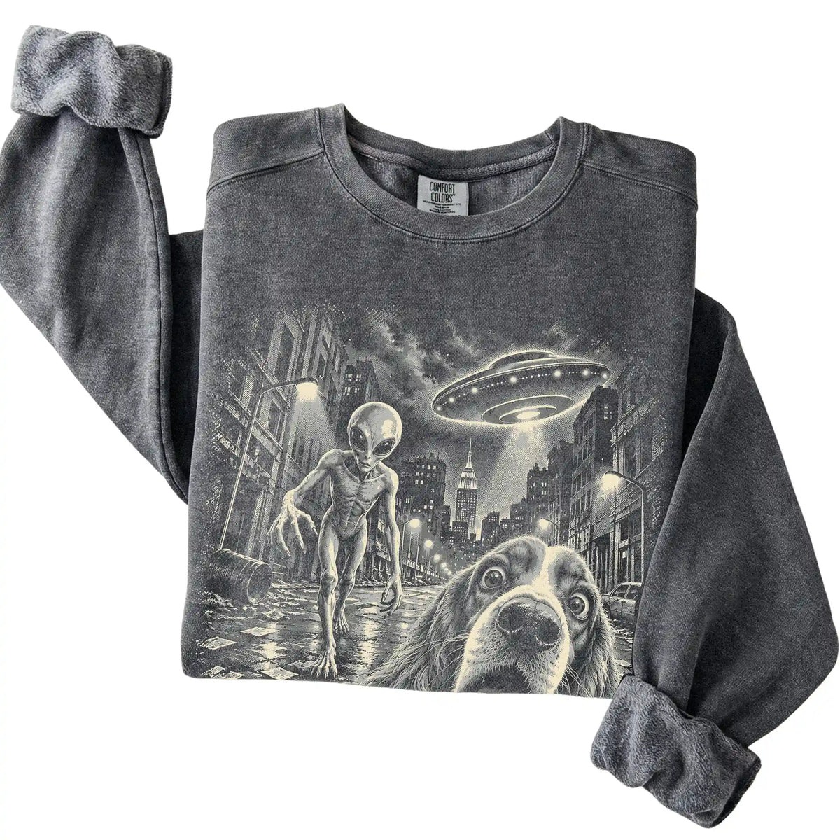 Cocker Spaniel Alien Selfie Comfort Colors Sweatshirt in Pepper, folded view