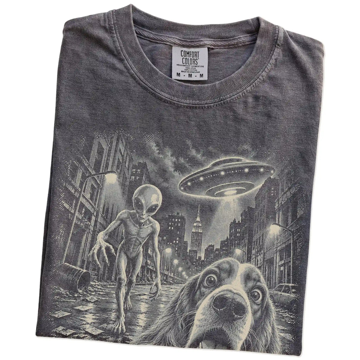 Cocker Spaniel Alien Selfie Comfort Colors T-Shirt in Pepper, folded view