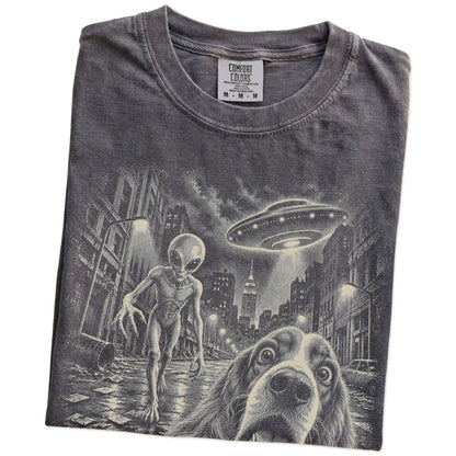 Cocker Spaniel Alien Selfie Comfort Colors T-Shirt in Pepper, folded view