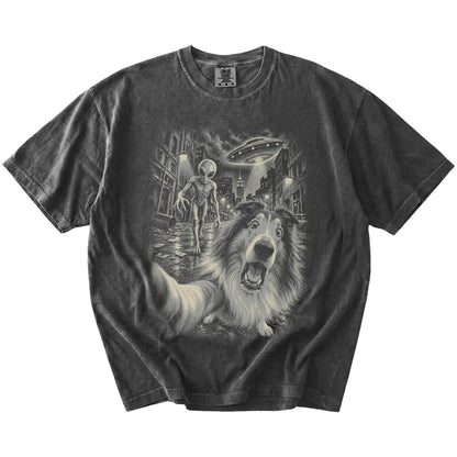 Collie Alien Selfie Comfort Colors T-Shirt in Pepper, flat view