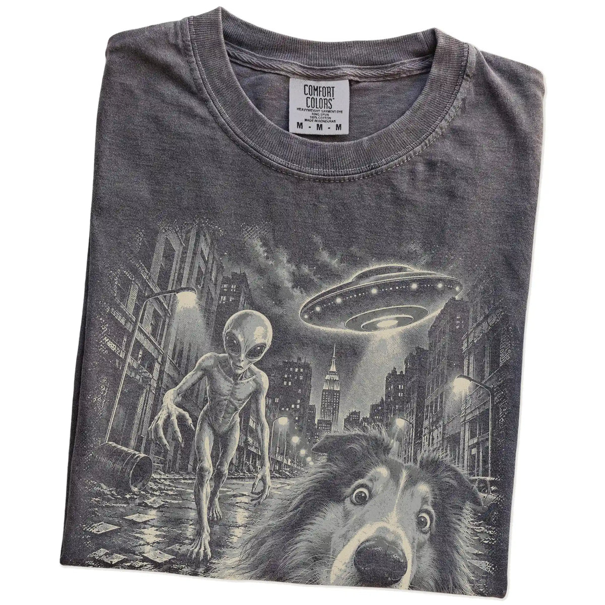 Collie Alien Selfie Comfort Colors T-Shirt in Pepper, folded view