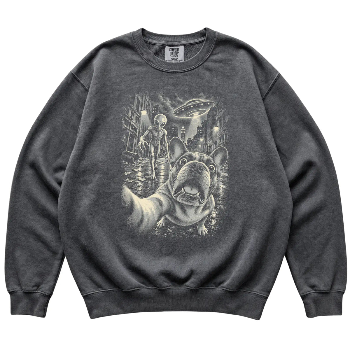 French Bulldog Alien Selfie Comfort Colors Sweatshirt in Pepper, flat view