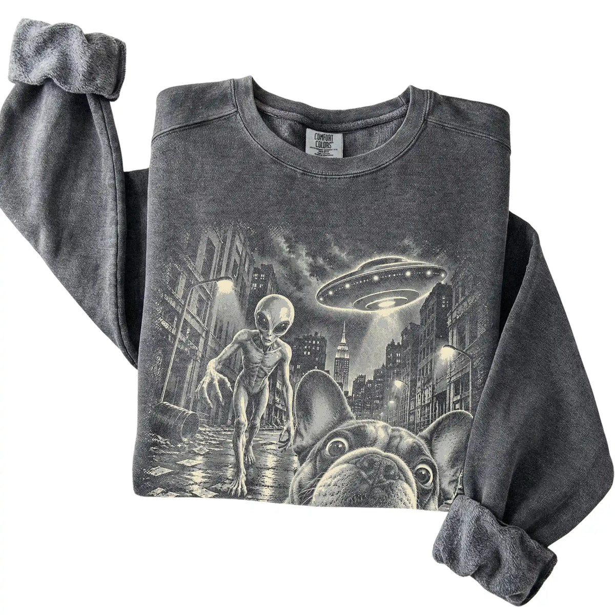French Bulldog Alien Selfie Comfort Colors Sweatshirt in Pepper, folded view