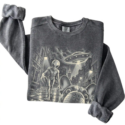 French Bulldog Alien Selfie Comfort Colors Sweatshirt in Pepper, folded view