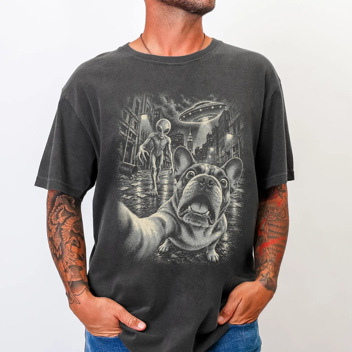French Bulldog Alien Selfie Comfort Colors T-Shirt in Pepper, modeled view