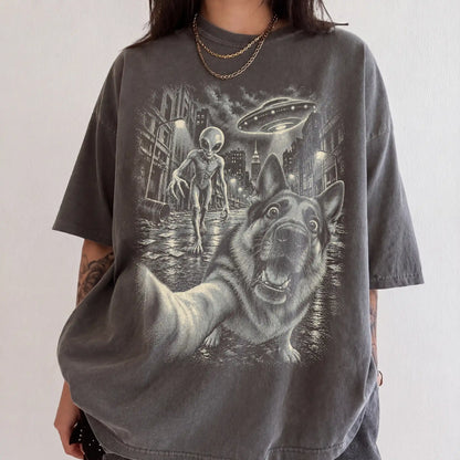 German Shepherd Alien Selfie Comfort Colors T-Shirt in Pepper, modeled view