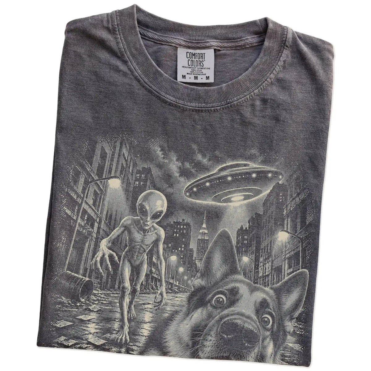 German Shepherd Alien Selfie Comfort Colors T-Shirt in Pepper, folded view