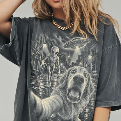 Golden Retriever Alien Selfie Comfort Colors T-Shirt in Pepper, modeled view