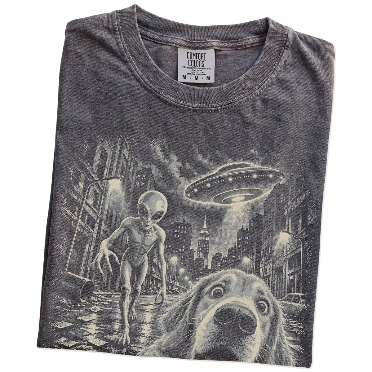 Golden Retriever Alien Selfie Comfort Colors T-Shirt in Pepper, folded view