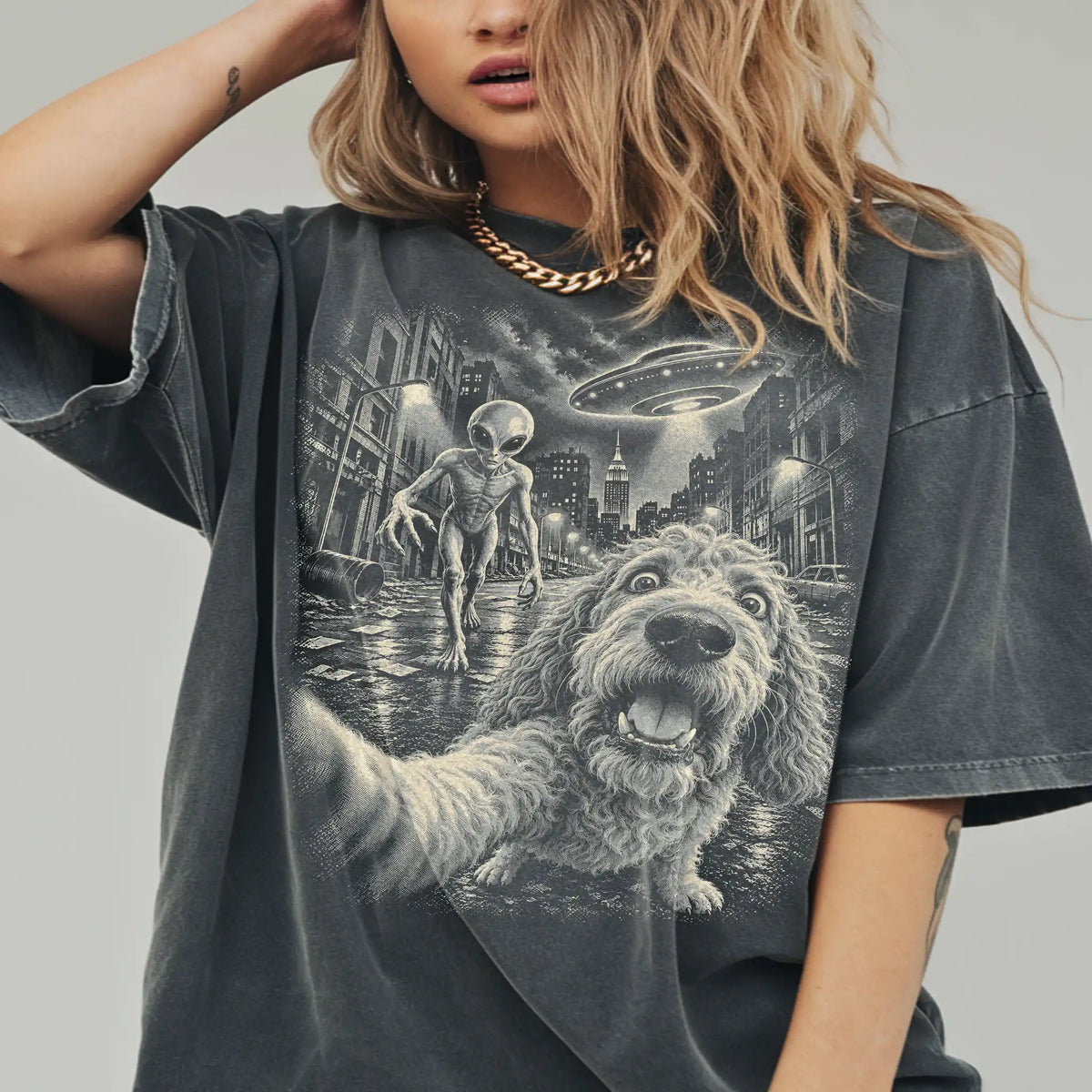 Goldendoodle Alien Selfie Comfort Colors T-Shirt in Pepper, modeled view