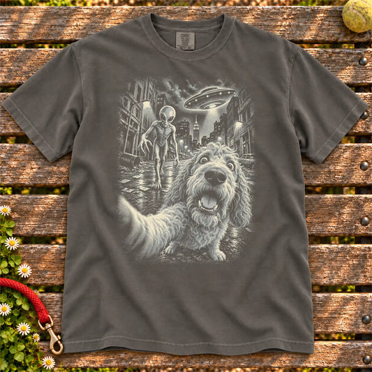 Goldendoodle Alien Selfie Comfort Colors T-shirt in Pepper