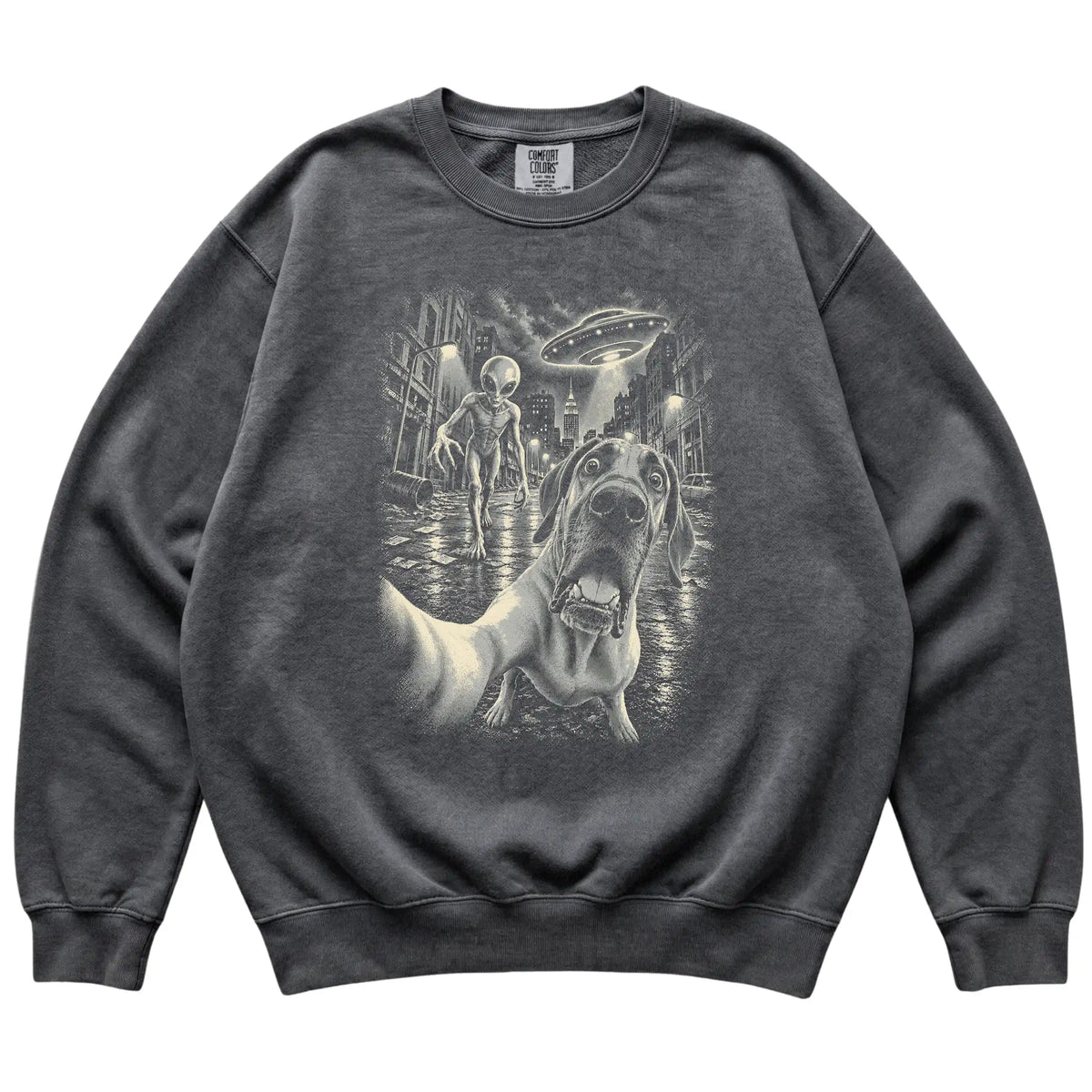 Great Dane Alien Selfie Comfort Colors Sweatshirt in Pepper, flat view