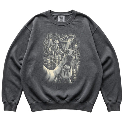 Great Dane Alien Selfie Comfort Colors Sweatshirt in Pepper, flat view