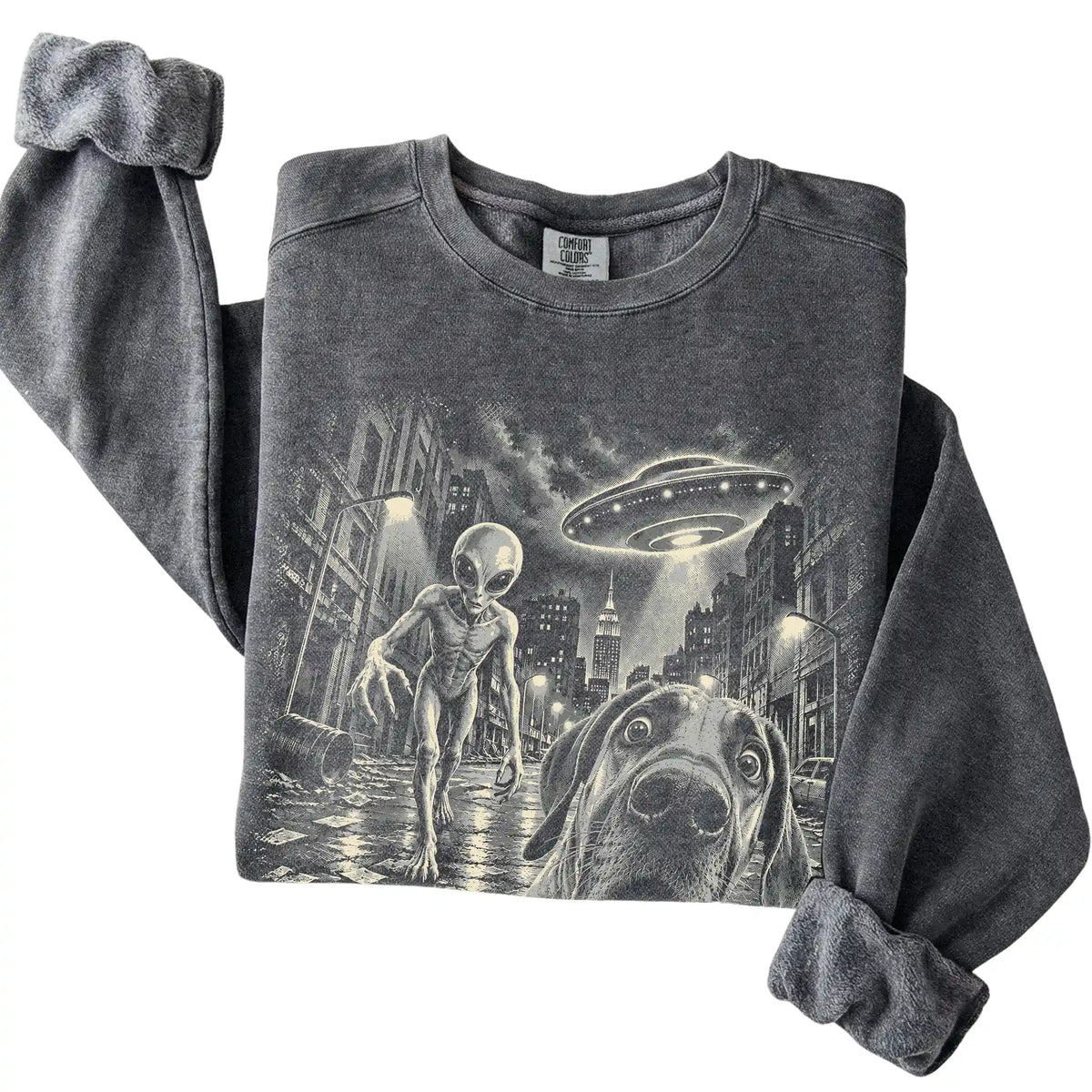 Great Dane Alien Selfie Comfort Colors Sweatshirt in Pepper, folded view
