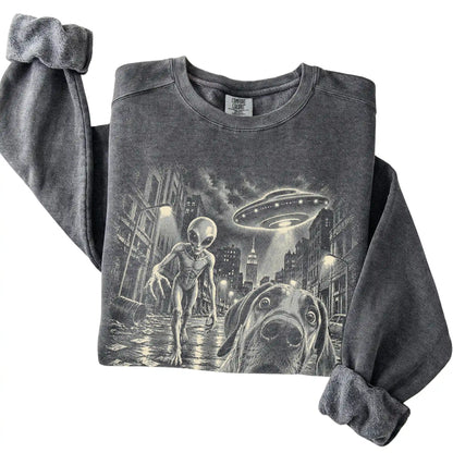 Great Dane Alien Selfie Comfort Colors Sweatshirt in Pepper, folded view