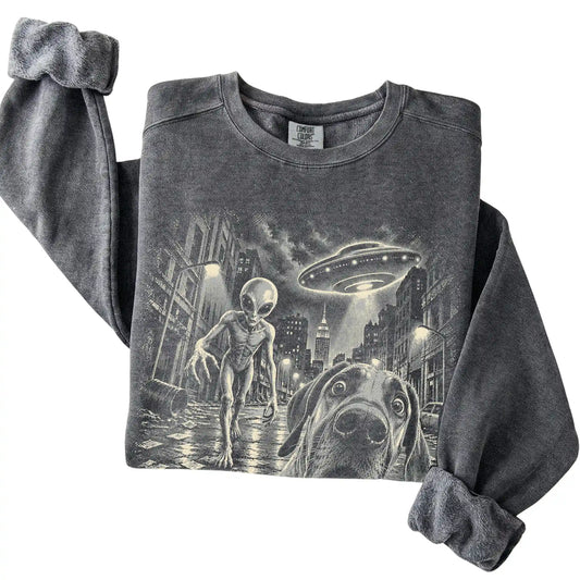 Great Dane Alien Selfie Comfort Colors Sweatshirt in Pepper, folded view