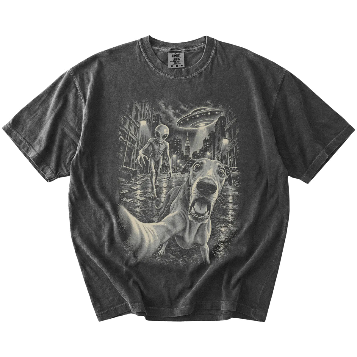 Greyhound Alien Selfie Comfort Colors T-Shirt in Pepper, flat view