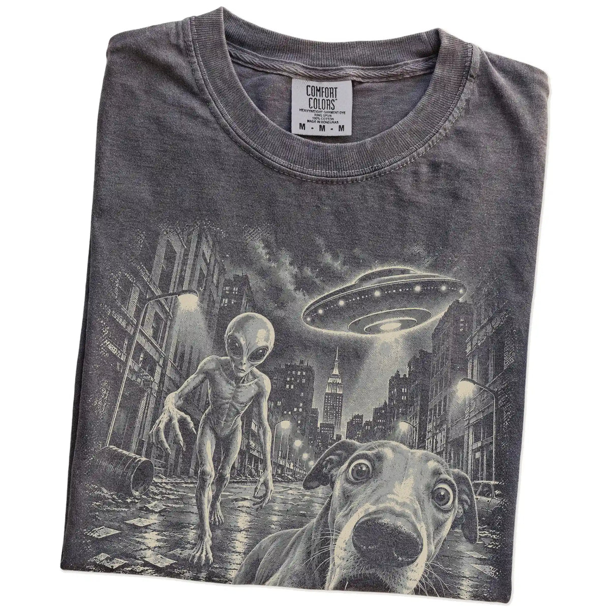 Greyhound Alien Selfie Comfort Colors T-Shirt in Pepper, folded view