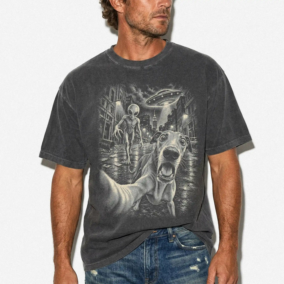 Greyhound Alien Selfie Comfort Colors T-Shirt in Pepper, modeled view