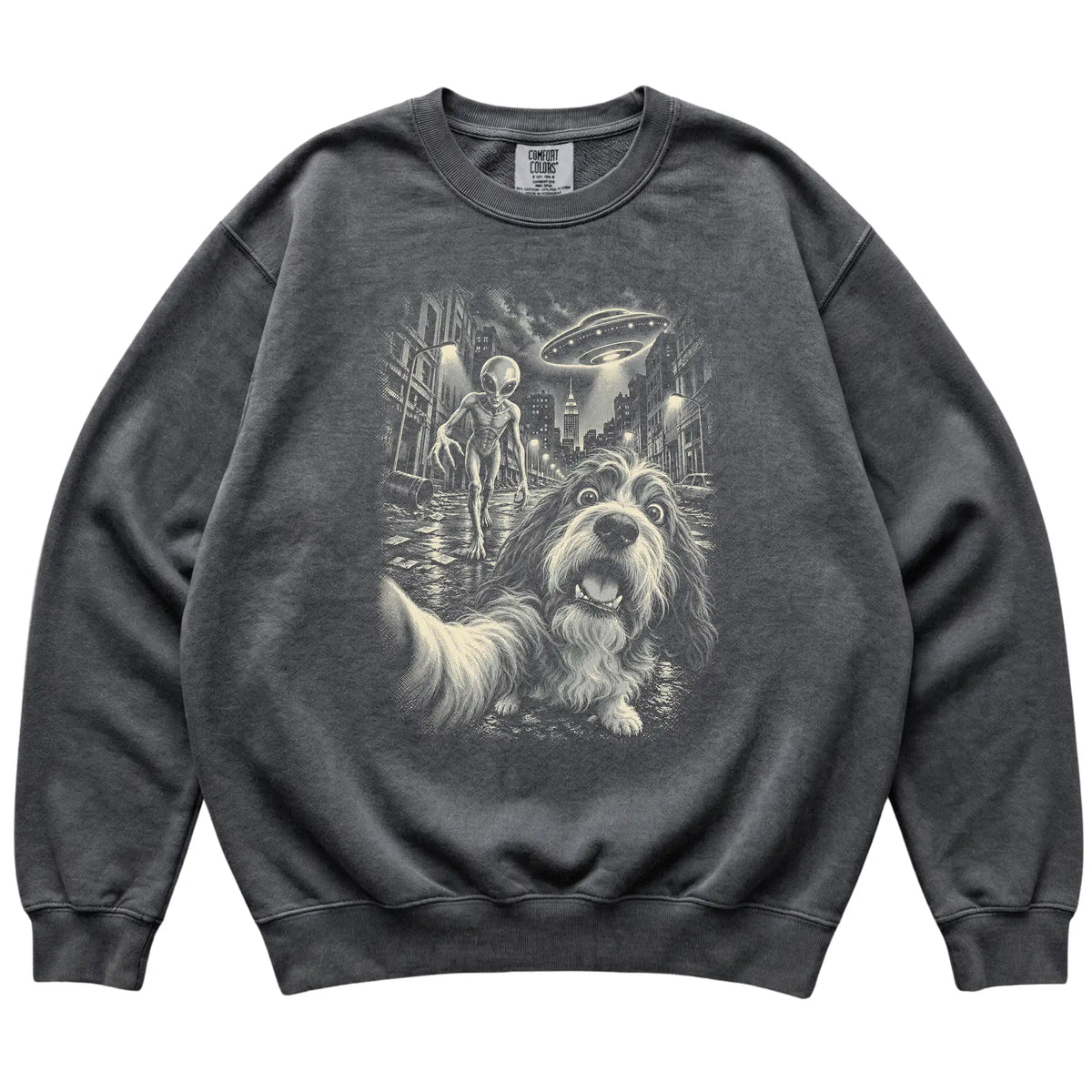 Havanese Alien Selfie Comfort Colors Sweatshirt in Pepper, flat view