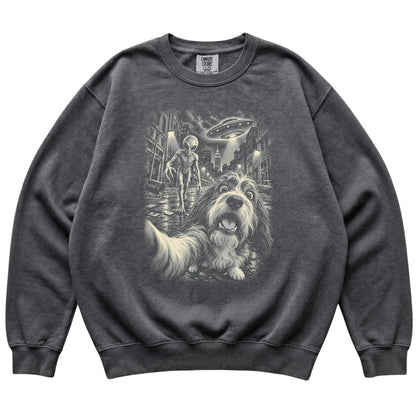 Havanese Alien Selfie Comfort Colors Sweatshirt in Pepper, flat view