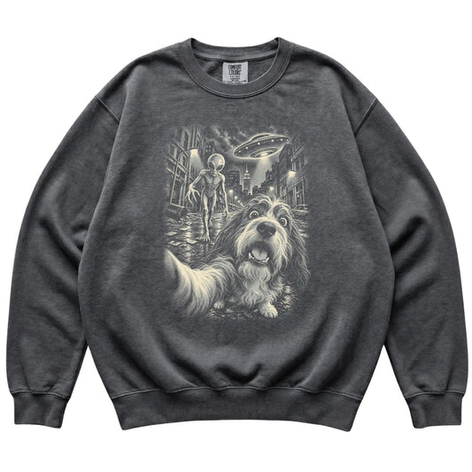 Havanese Alien Selfie Comfort Colors Sweatshirt in Pepper, flat view