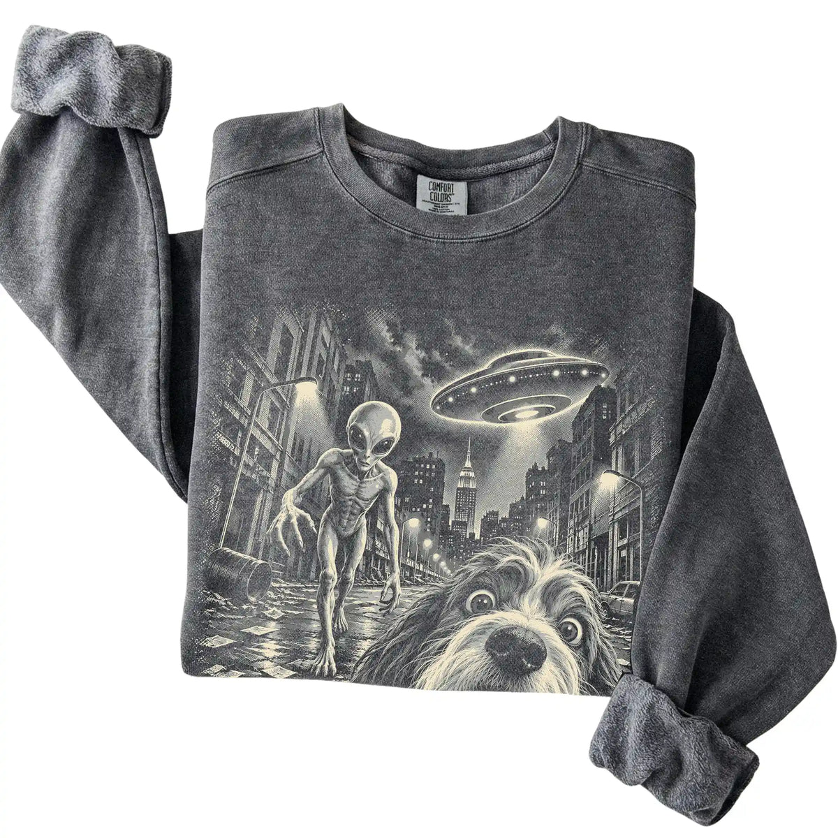 Havanese Alien Selfie Comfort Colors Sweatshirt in Pepper, folded view