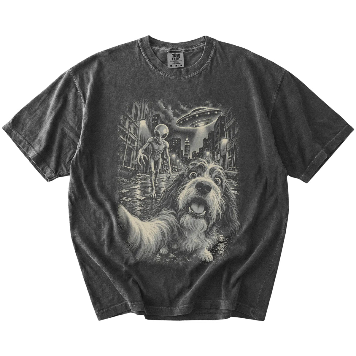 Havanese Alien Selfie Comfort Colors T-Shirt in Pepper, flat view