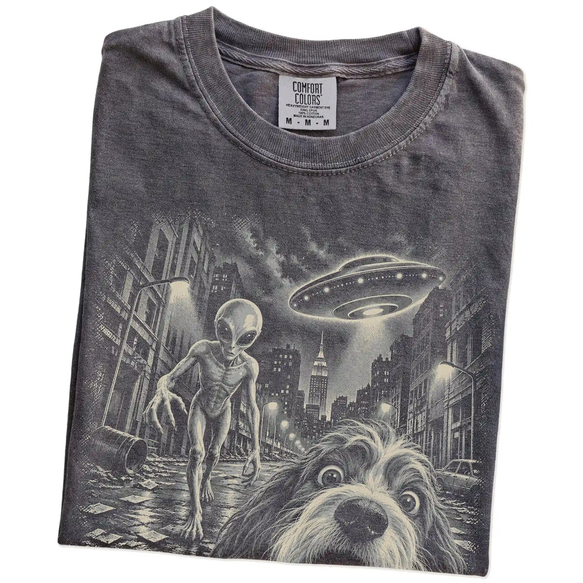 Havanese Alien Selfie Comfort Colors T-Shirt in Pepper, folded view