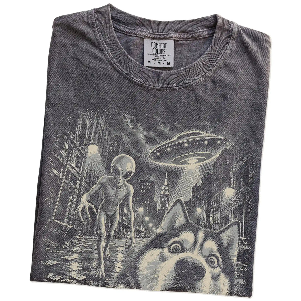 Husky Alien Selfie Comfort Colors T-Shirt in Pepper, folded view